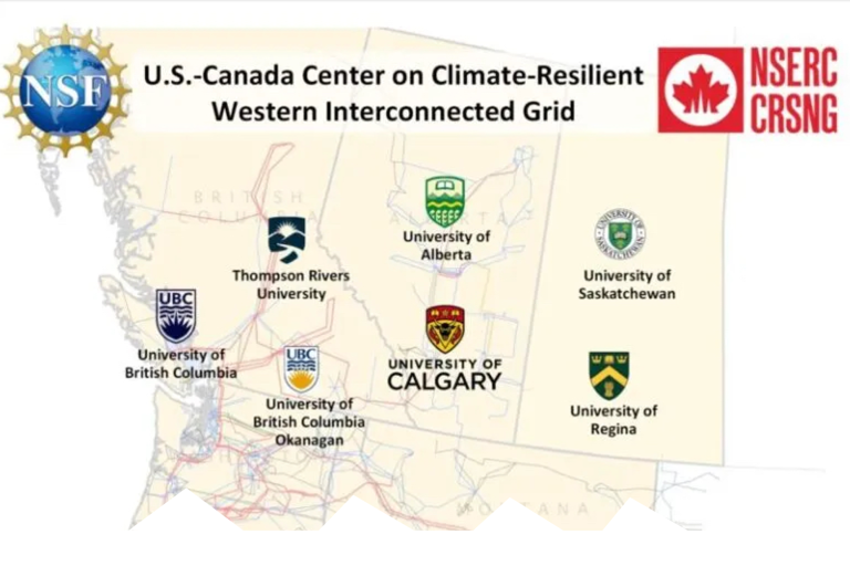 Map of the areas of the US and Canada where the Western Interconnected Grid is along with logos of the partners in the climate resilient centre for it.