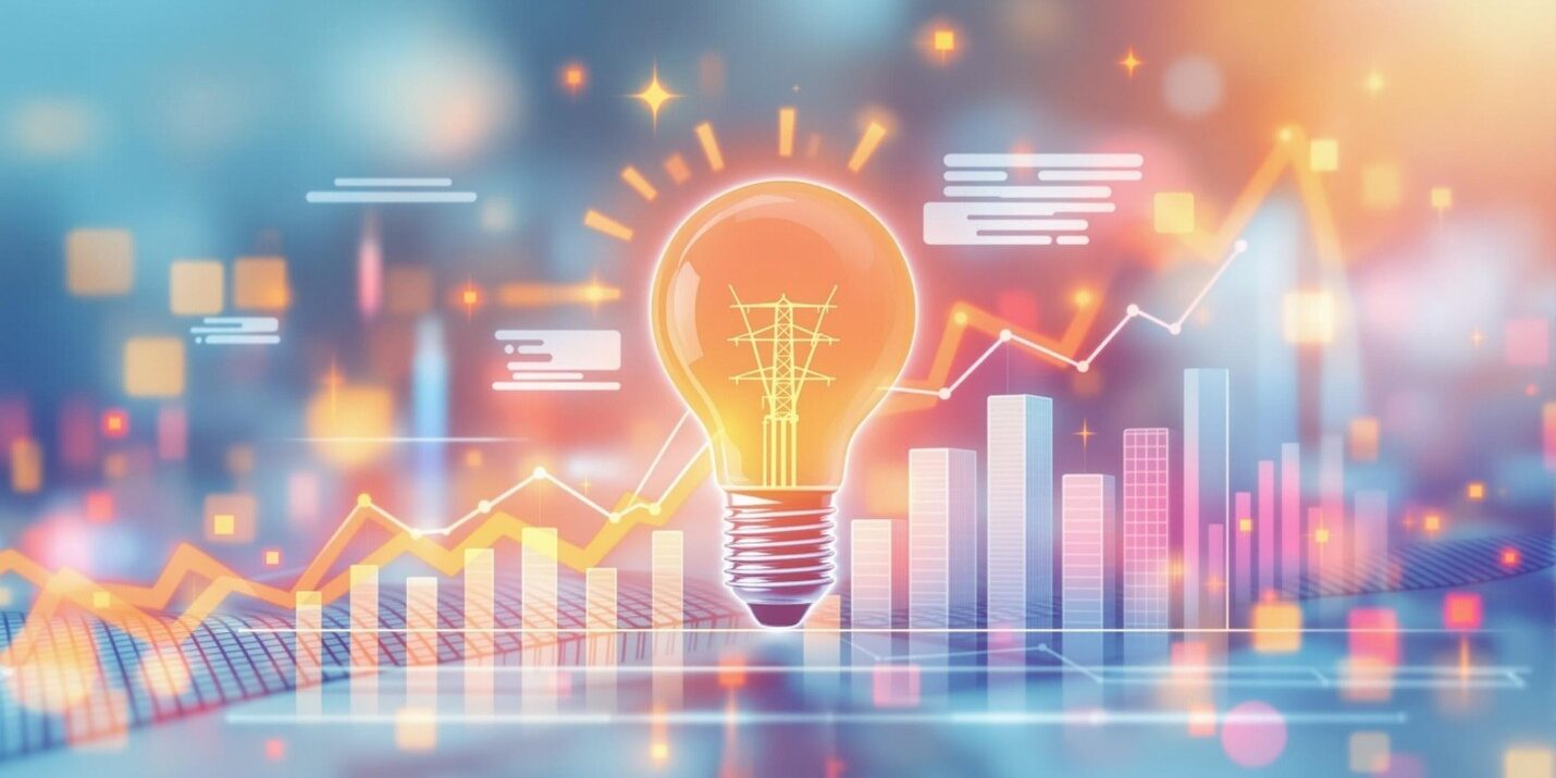 Picture1 A picture of Bar and line graphs representing forecasting with a light bulb in the front representing electricity