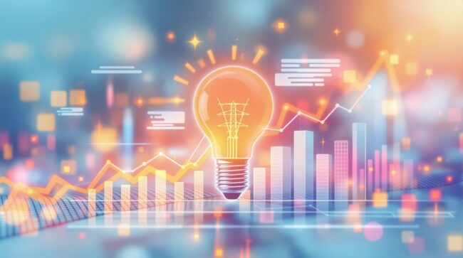 Picture1 A picture of Bar and line graphs representing forecasting with a light bulb in the front representing electricity