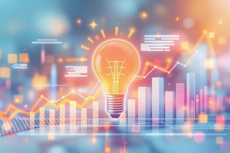 A picture of Bar and line graphs representing forecasting with a light bulb in the front representing electricity