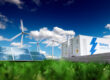 Solar panels, wind turbines, and an energy storage system under a bright sky, representing renewable generation and energy storage integration.